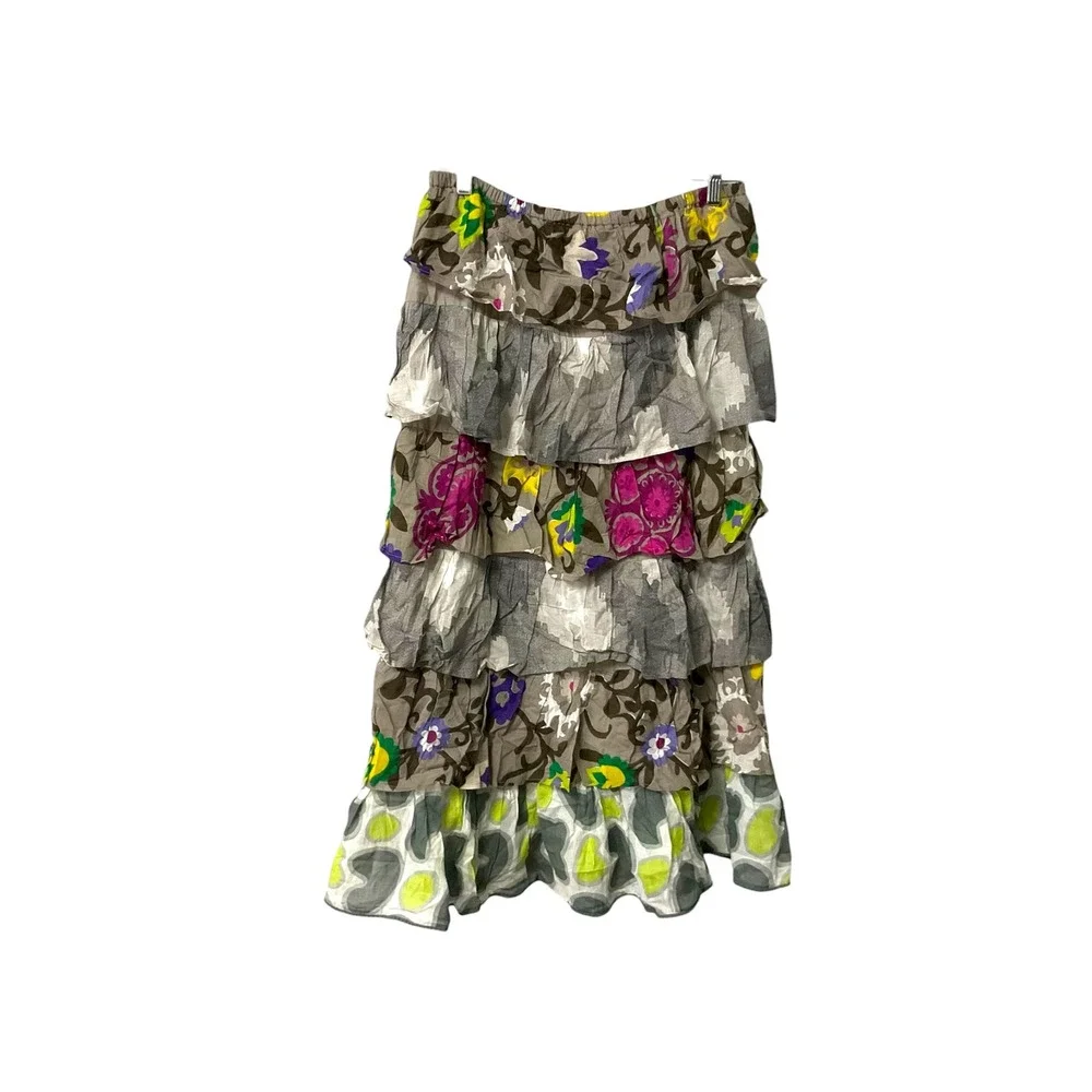 Chic Connection Womens Tiered Maxi‎ Skirt L Floral Boho Ruffle Pockets Handmade